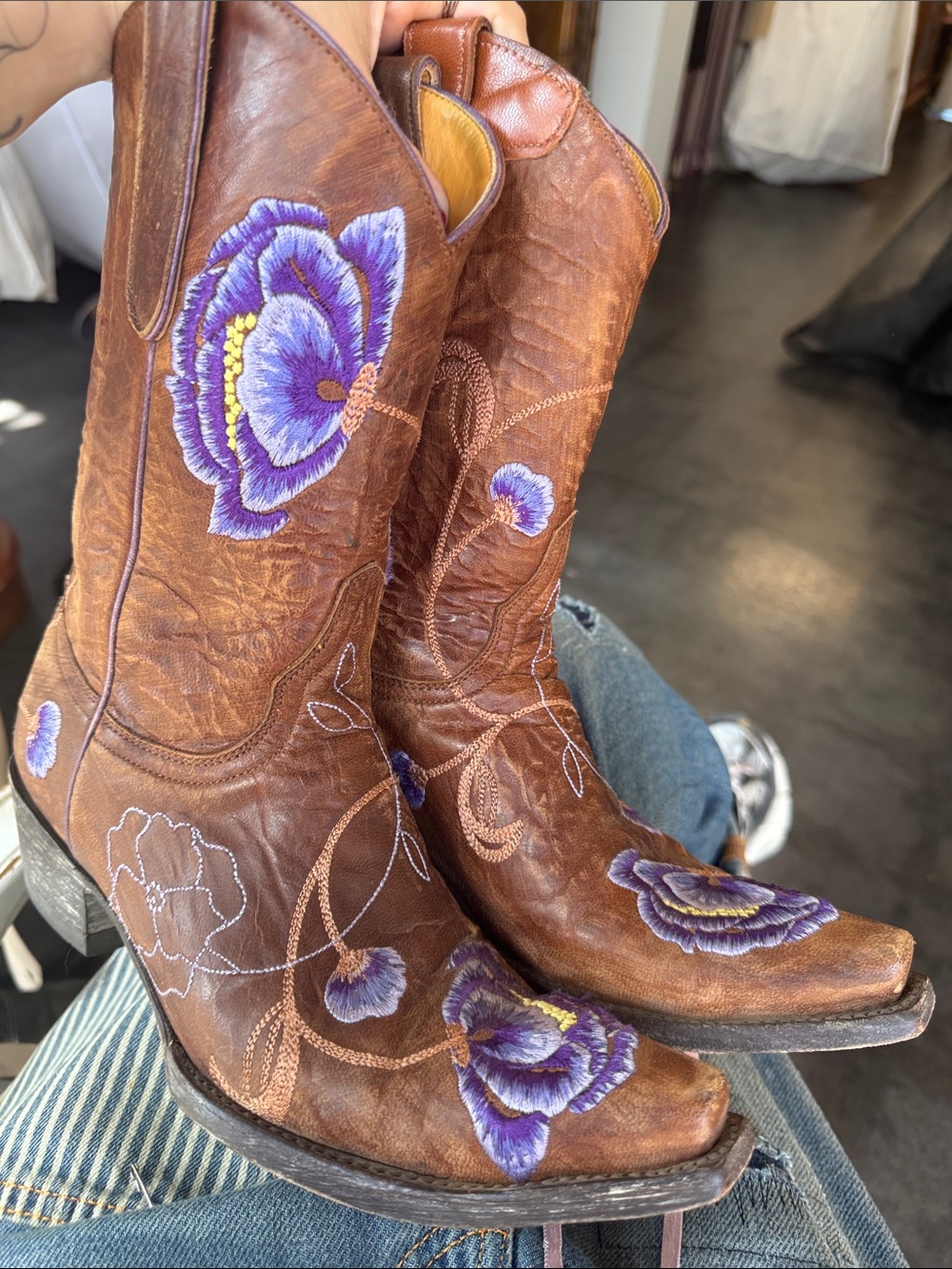 Old Gringo Brown Leather Heeled Boots with Purple Floral Embroidery